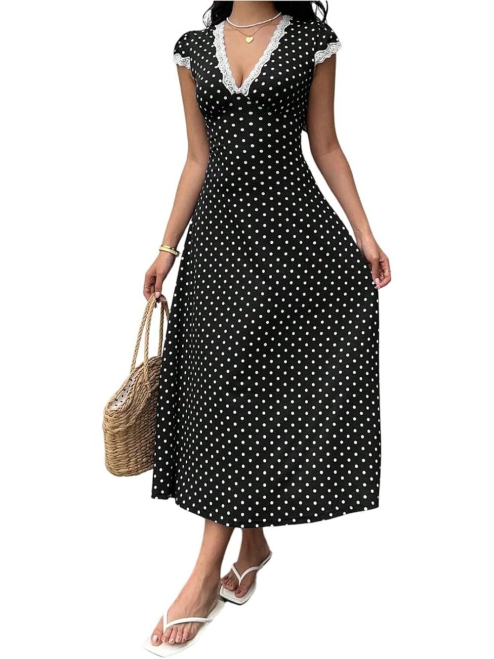 Chic Polka Dot Lace Trim V-Neck Dress - Short Sleeve, Flowy Long Style